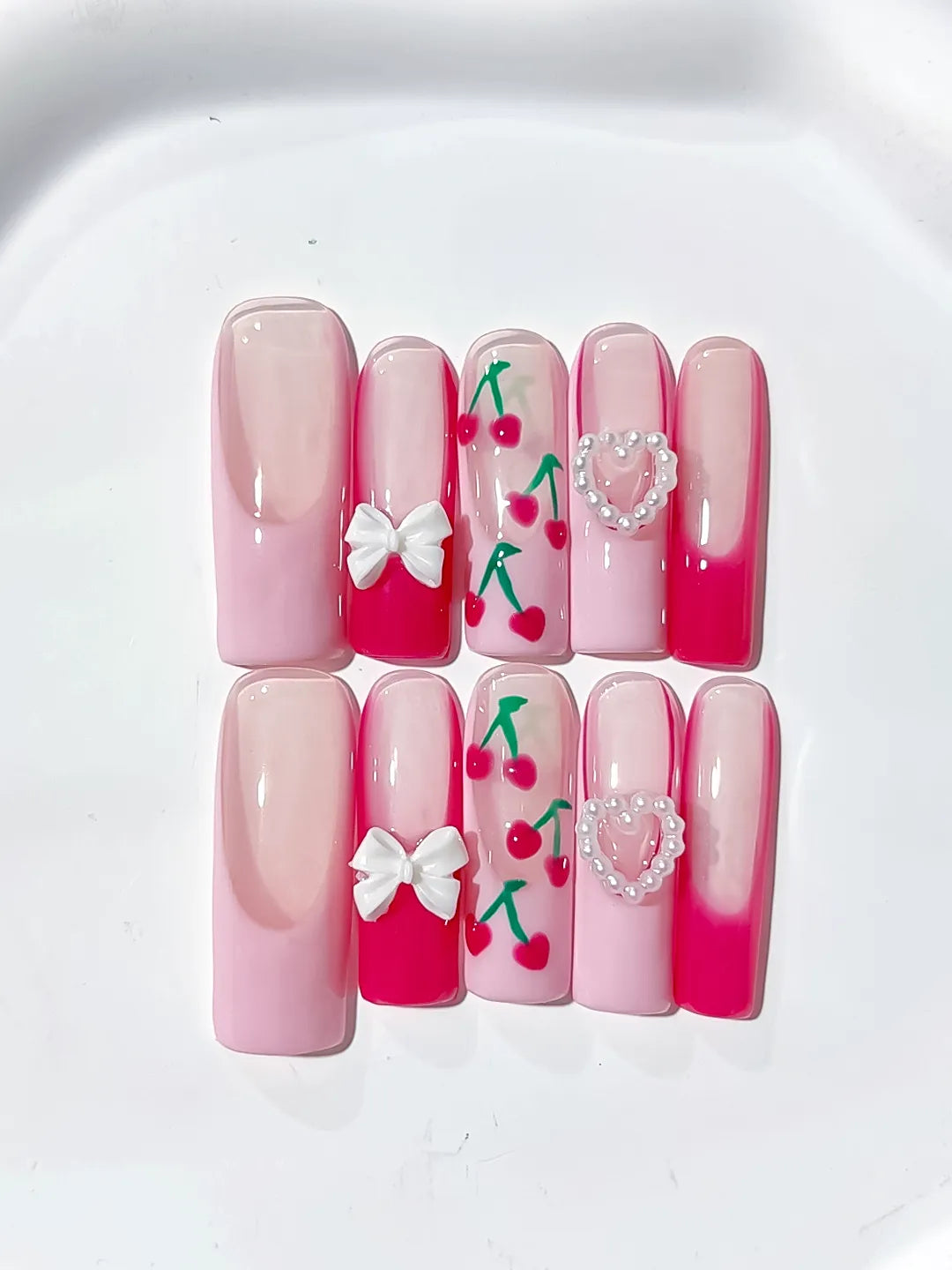 Pink White Red Green Floral Cherry Bow Heart 3D press on nails close up