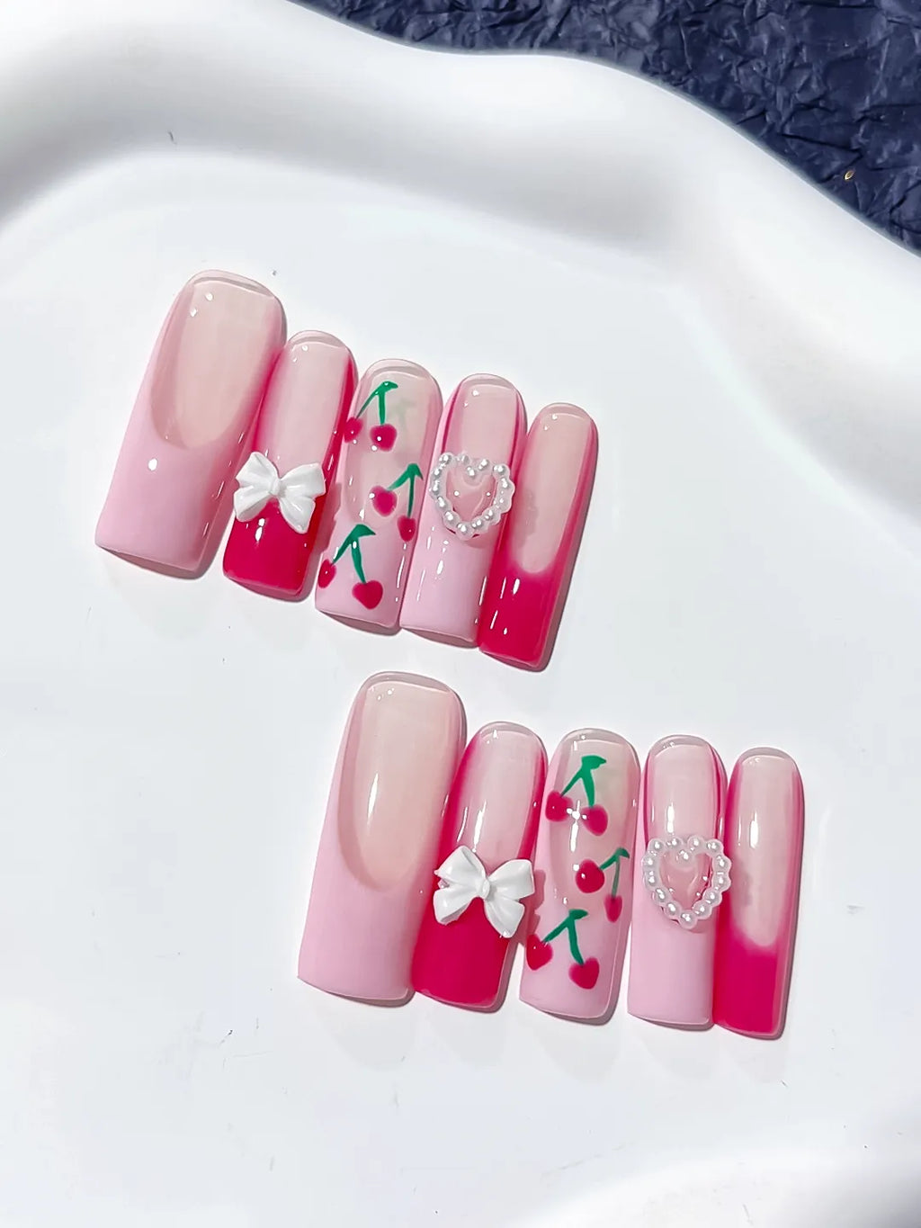 Pink White Red Green Floral Cherry Bow Heart 3D press on nails detail view