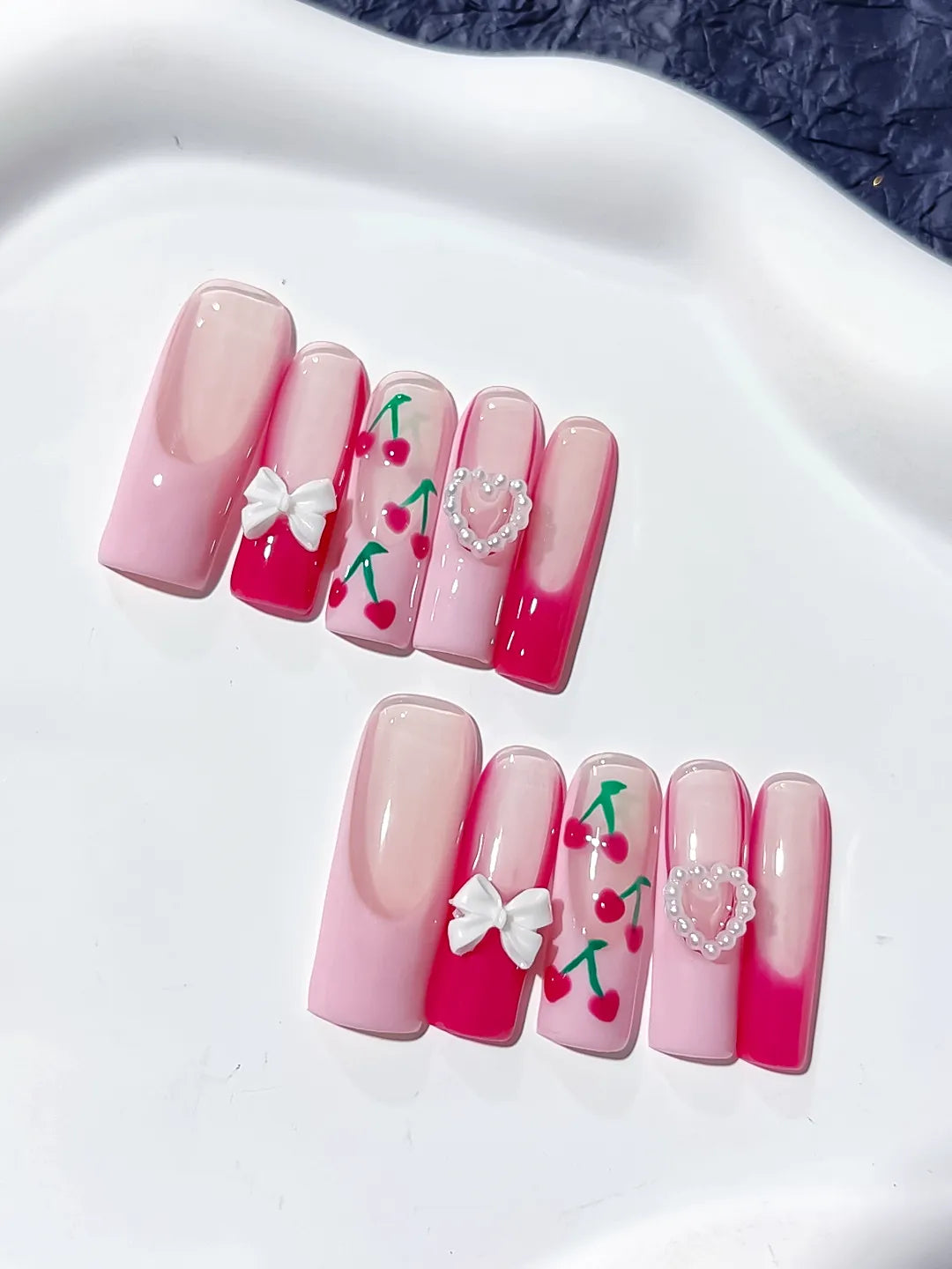 Pink White Red Green Floral Cherry Bow Heart 3D press on nails detail view