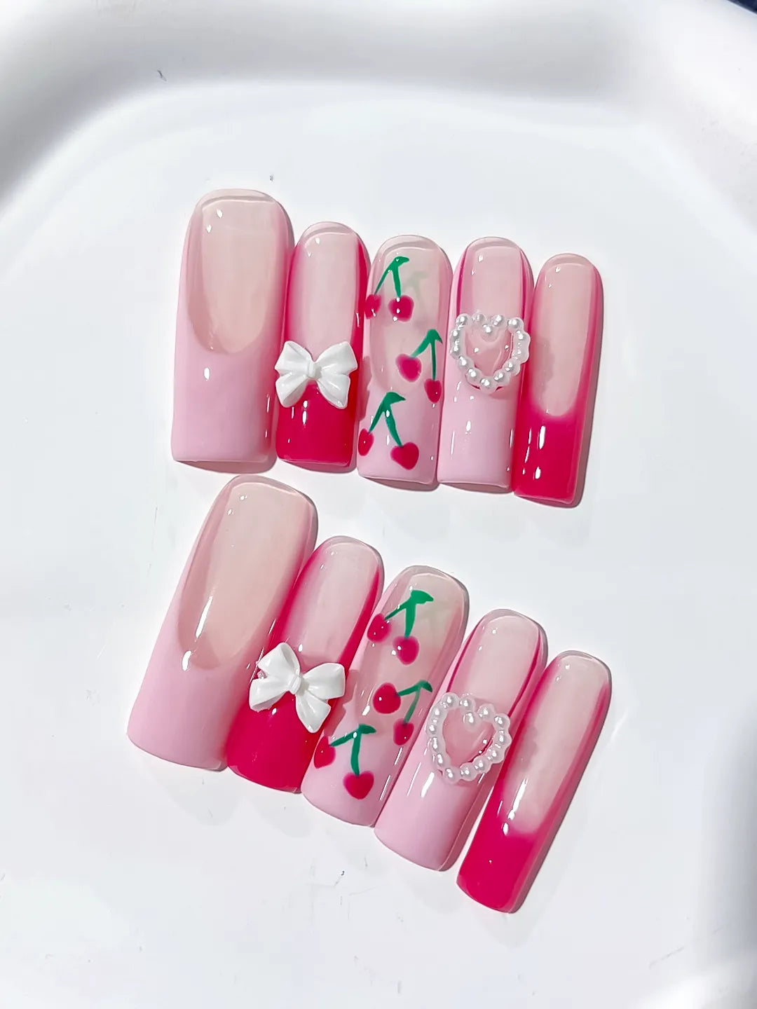 Pink White Red Green Floral Cherry Bow Heart 3D press on nails detail view