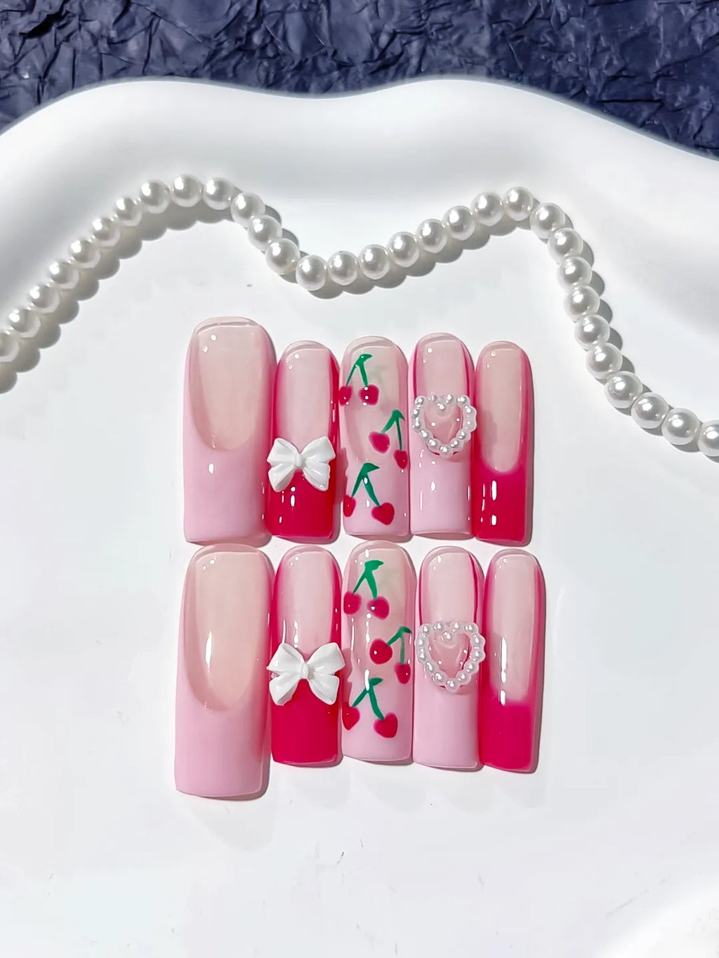 Pink White Red Green Floral Cherry Bow Heart 3D press on nails detail view