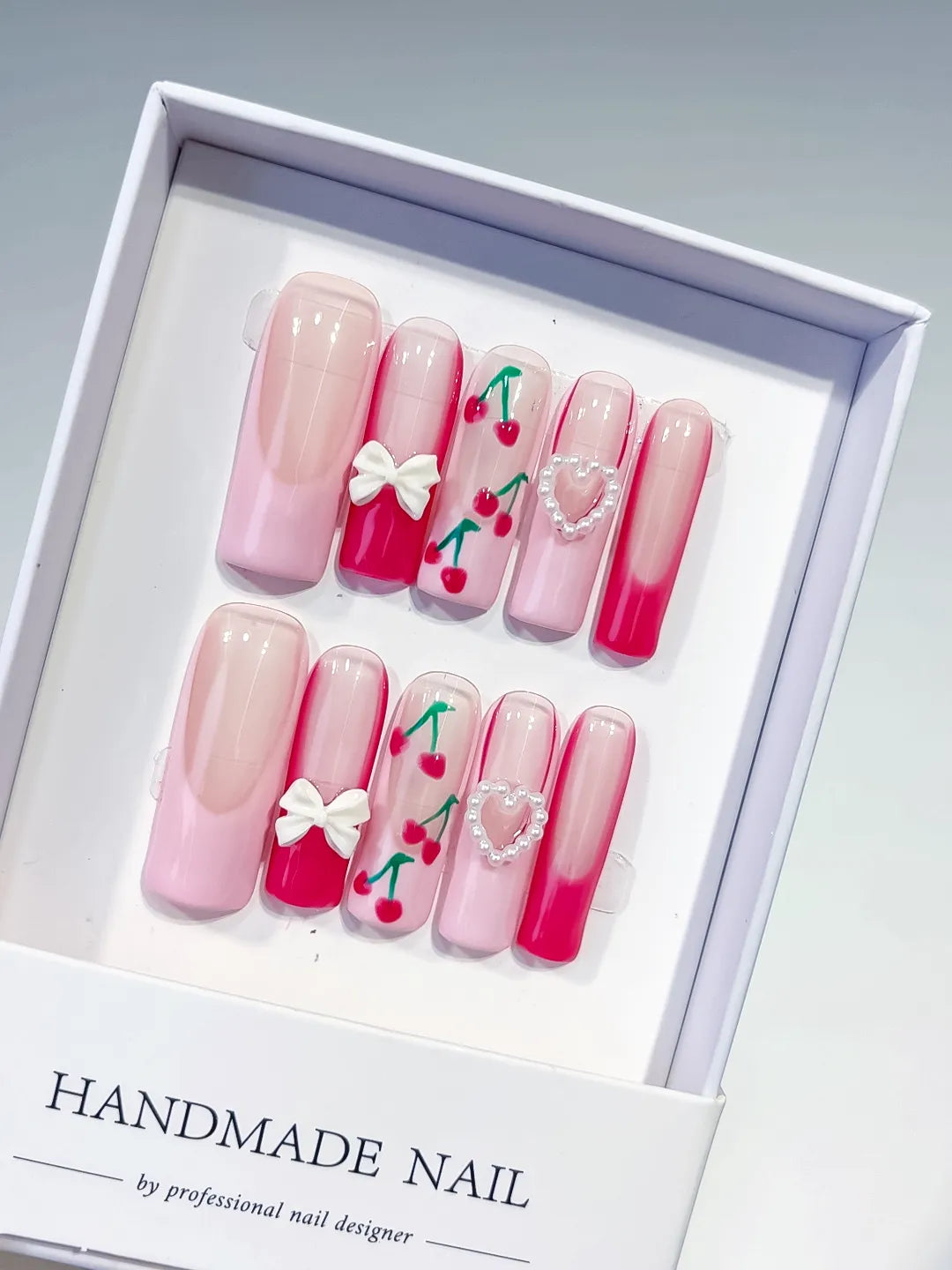 Pink White Red Green Floral Cherry Bow Heart 3D press on nails