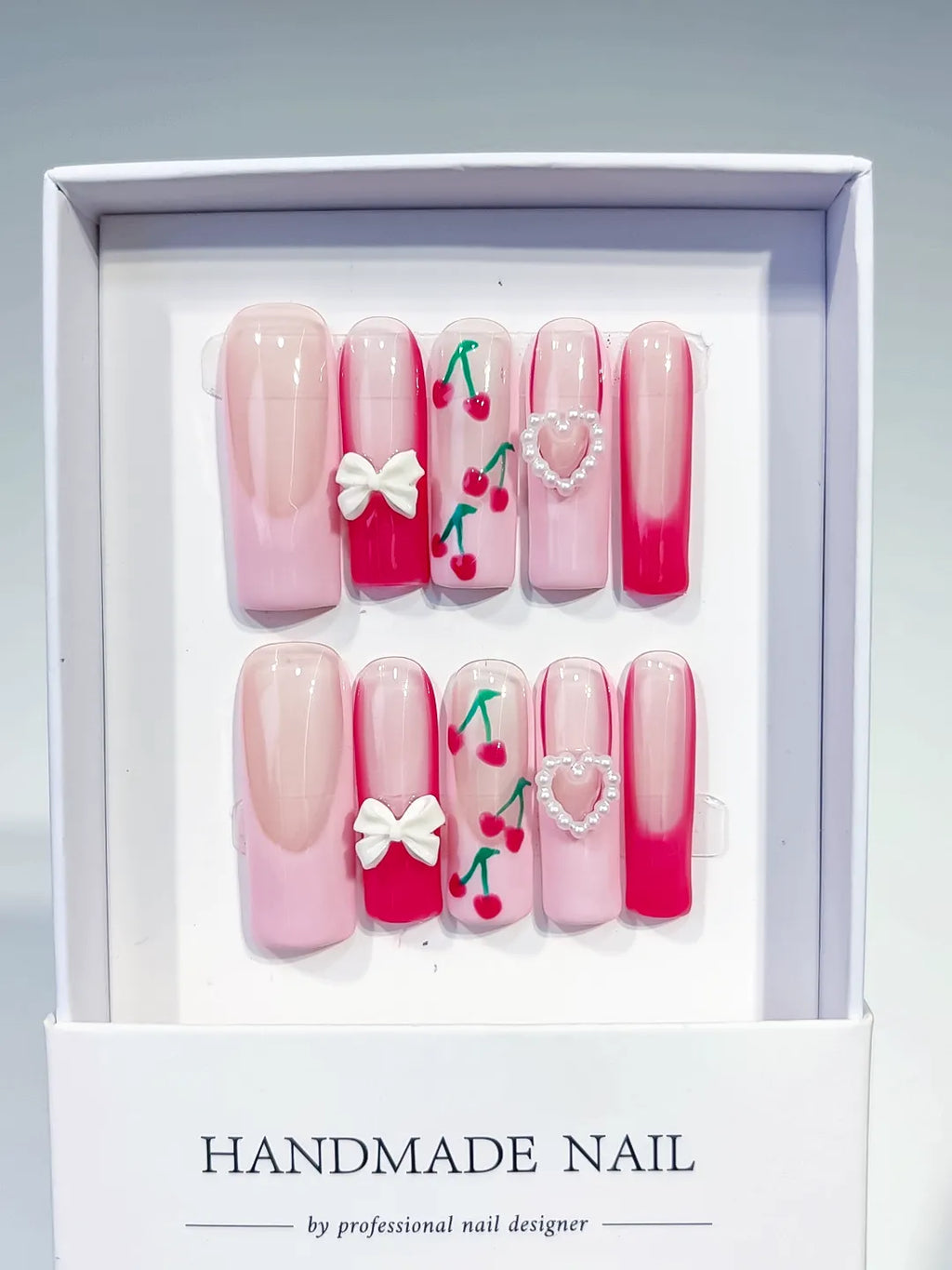 Pink White Red Green Floral Cherry Bow Heart 3D press on nails full set view