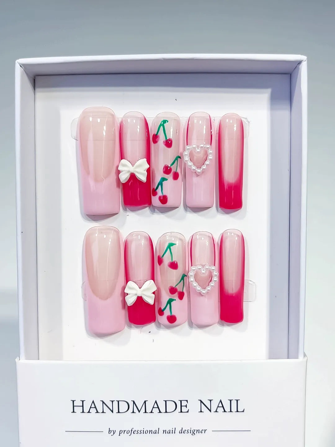 Pink White Red Green Floral Cherry Bow Heart 3D press on nails full set view