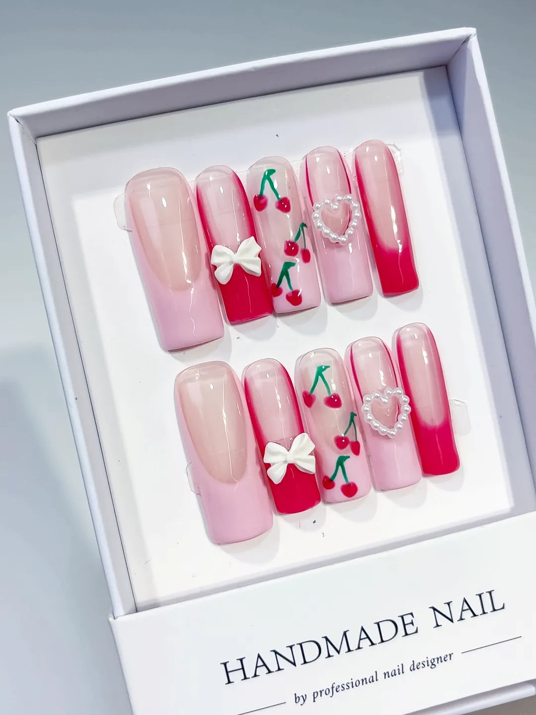 Pink White Red Green Floral Cherry Bow Heart 3D press on nails angled view