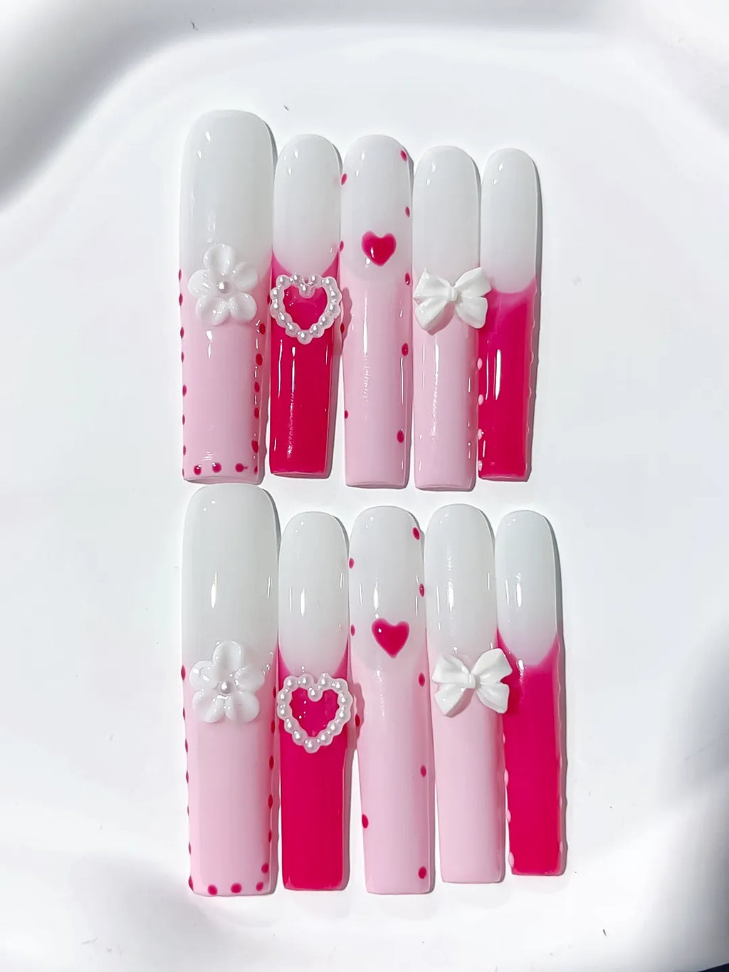 Pink White Red Ombre Heart Bow Flower 3D press on nails close up