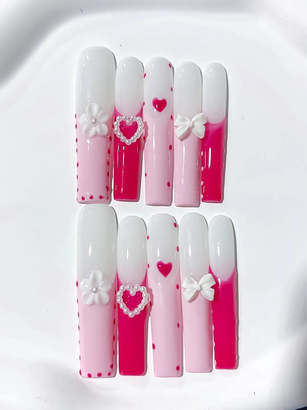 Pink White Red Ombre Heart Bow Flower 3D press on nails close up