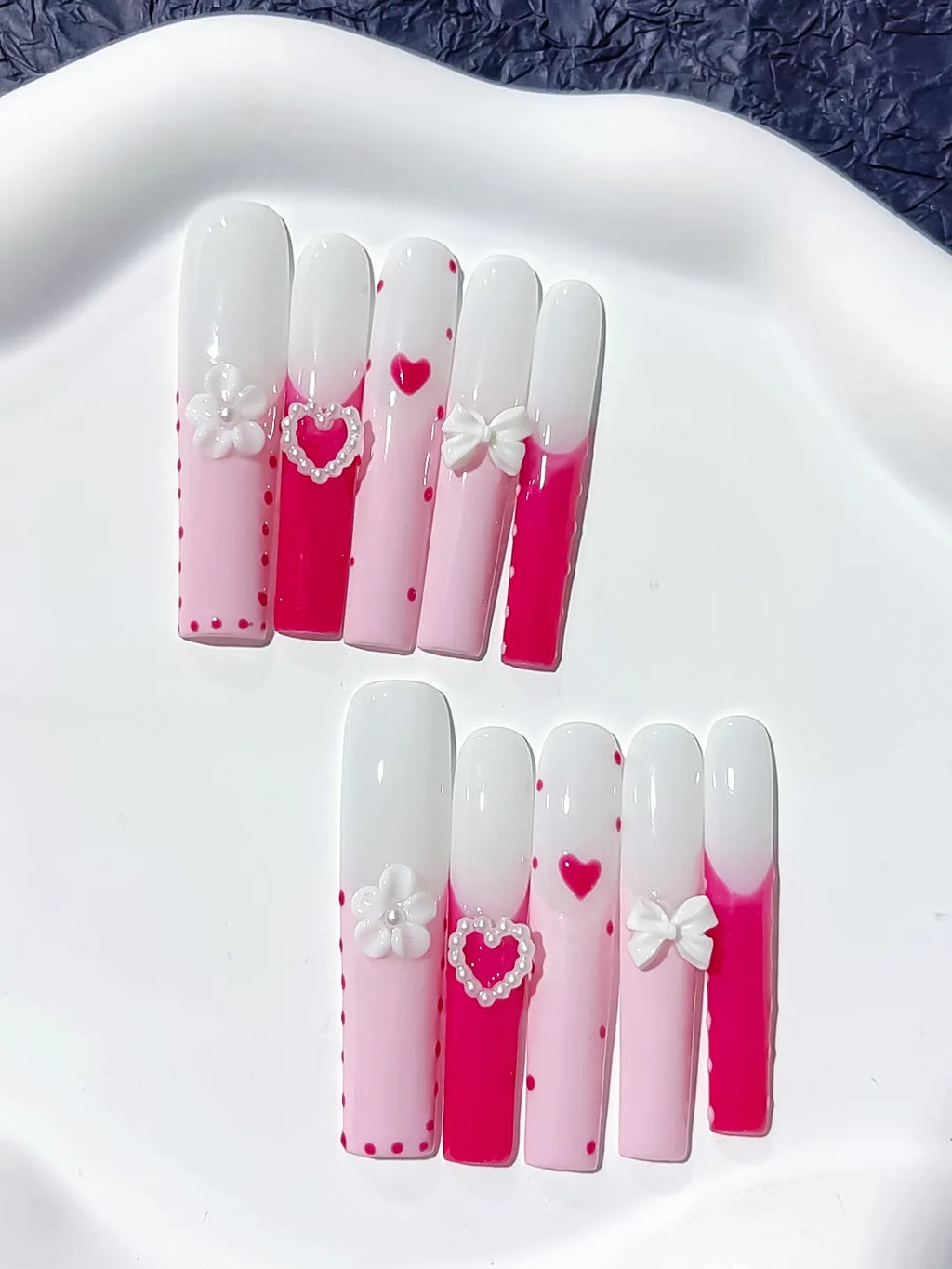 Pink White Red Ombre Heart Bow Flower 3D press on nails detail view