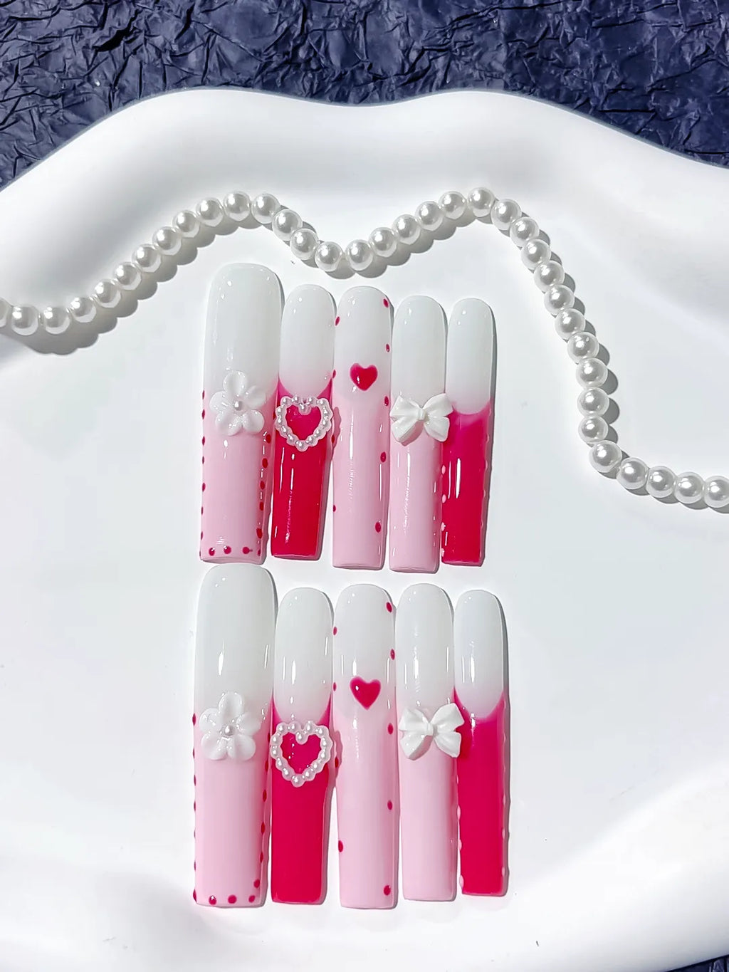 Pink White Red Ombre Heart Bow Flower 3D press on nails detail view