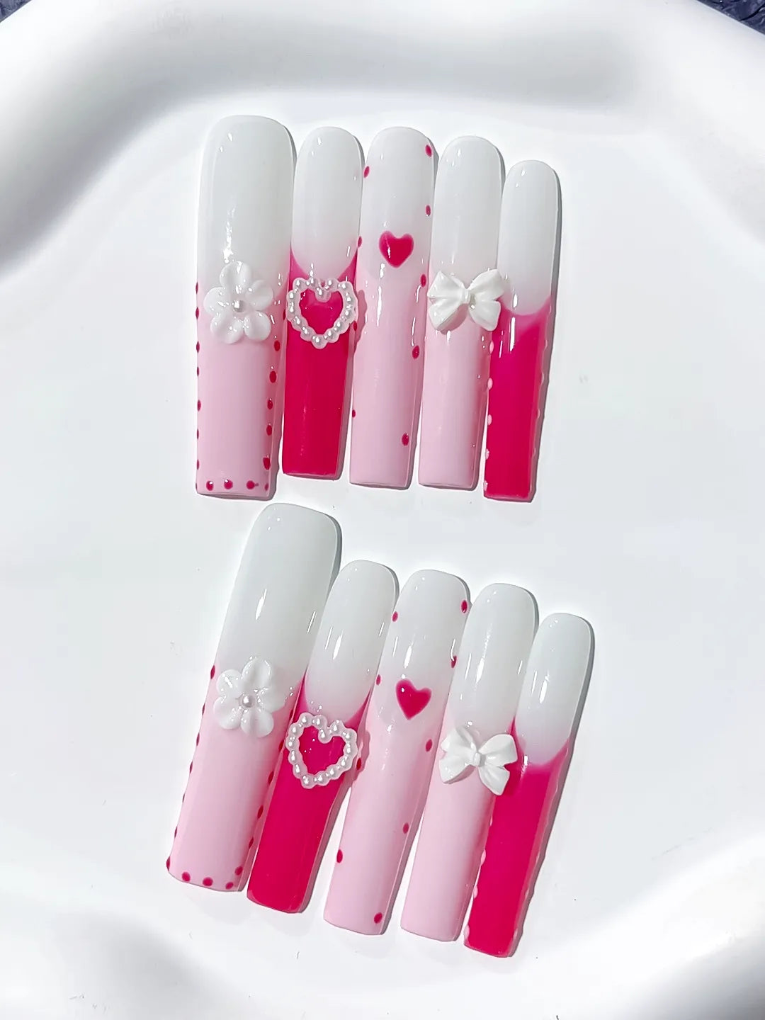 Pink White Red Ombre Heart Bow Flower 3D press on nails detail view