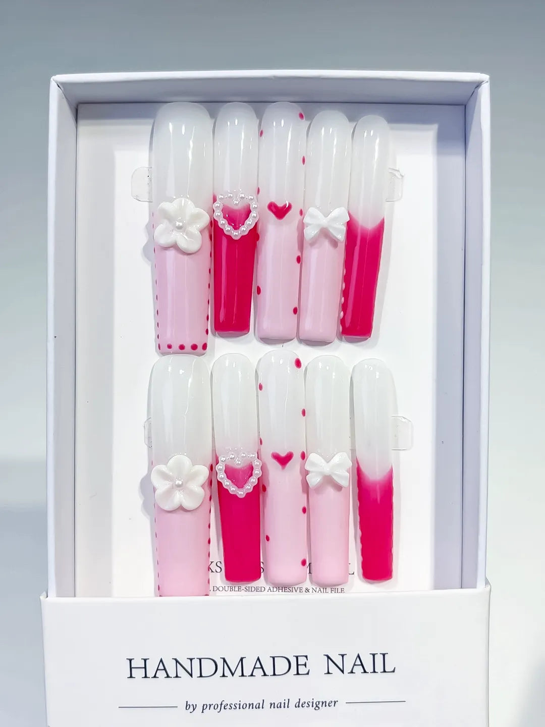 Pink White Red Ombre Heart Bow Flower 3D press on nails full set view