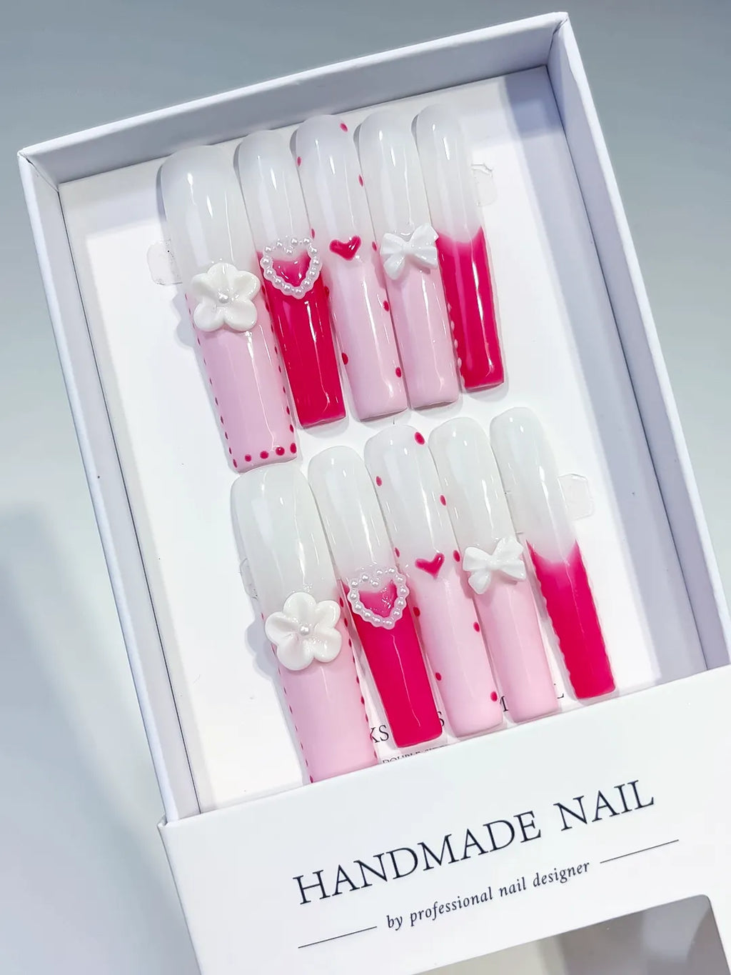 Pink White Red Ombre Heart Bow Flower 3D press on nails angled view