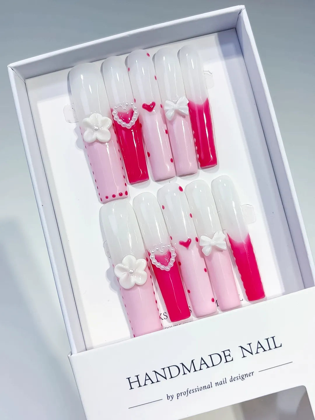 Pink White Red Ombre Heart Bow Flower 3D press on nails angled view