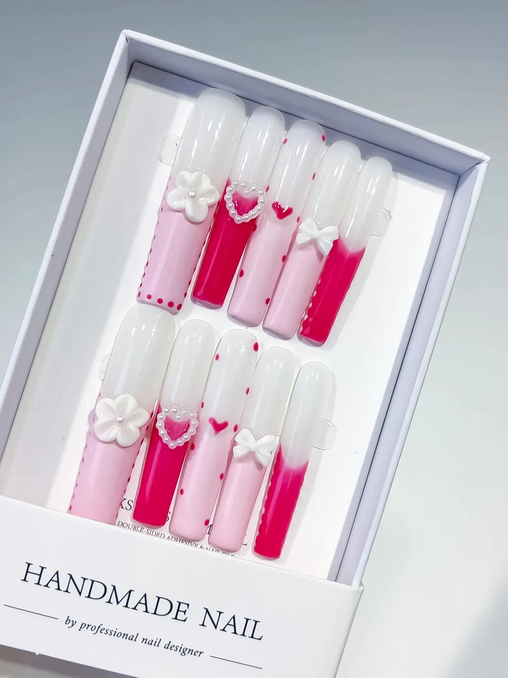 Pink White Red Ombre Heart Bow Flower 3D press on nails