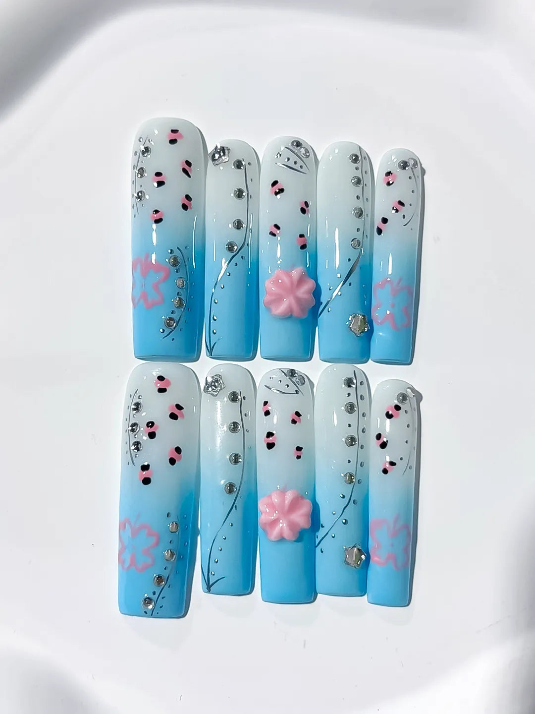 Blue White Pink Silver Black Ombre Flower Rhinestone press on nails close up