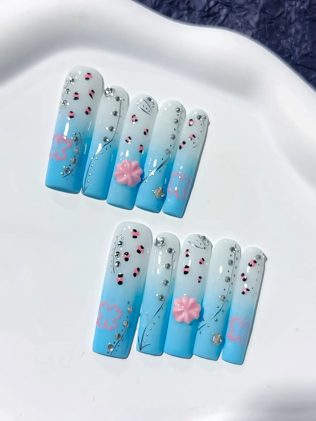 Blue White Pink Silver Black Ombre Flower Rhinestone press on nails detail view