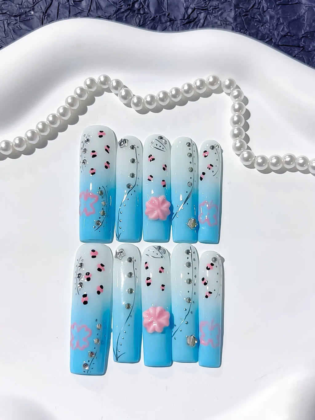 Blue White Pink Silver Black Ombre Flower Rhinestone press on nails detail view