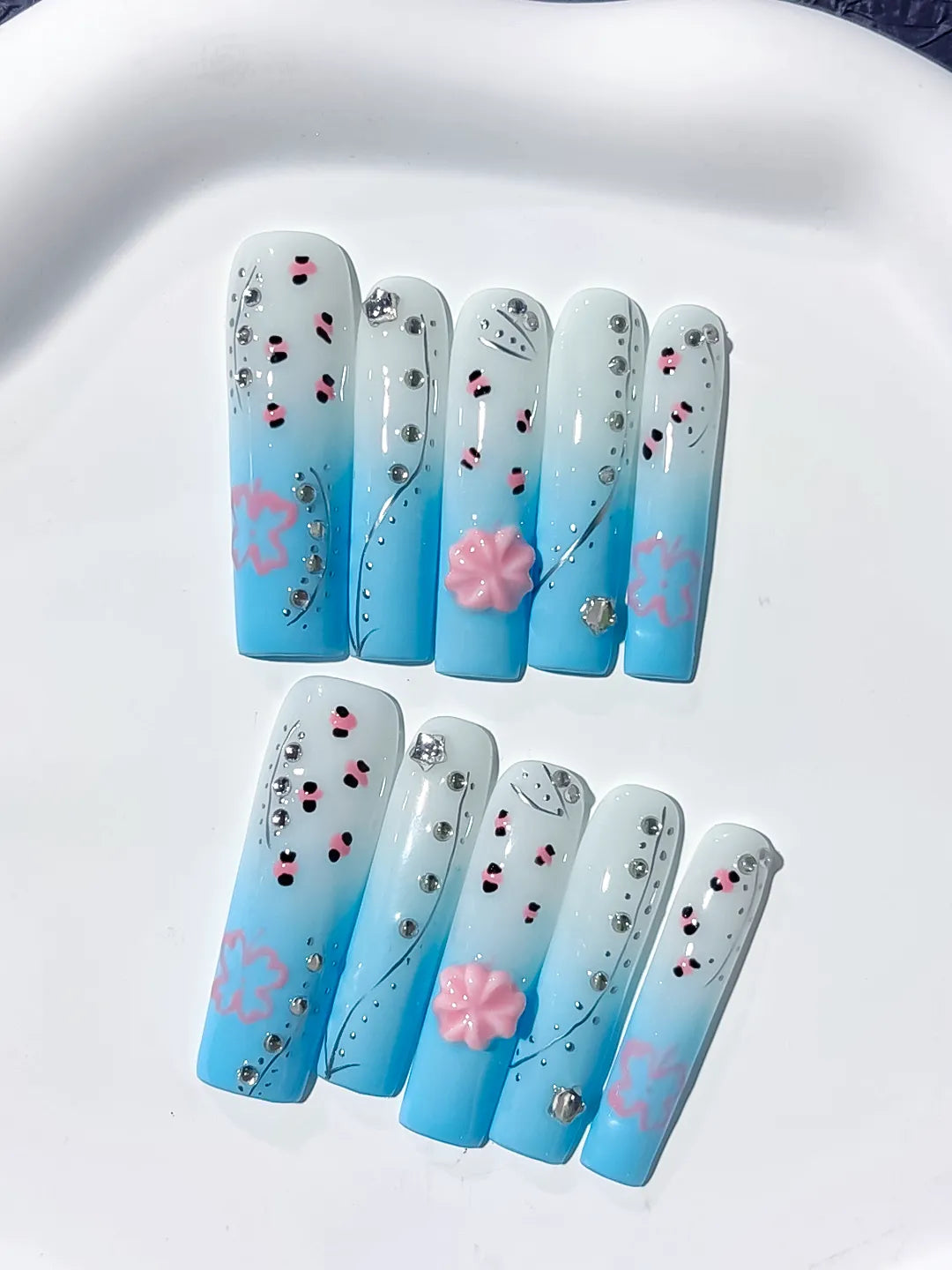 Blue White Pink Silver Black Ombre Flower Rhinestone press on nails detail view