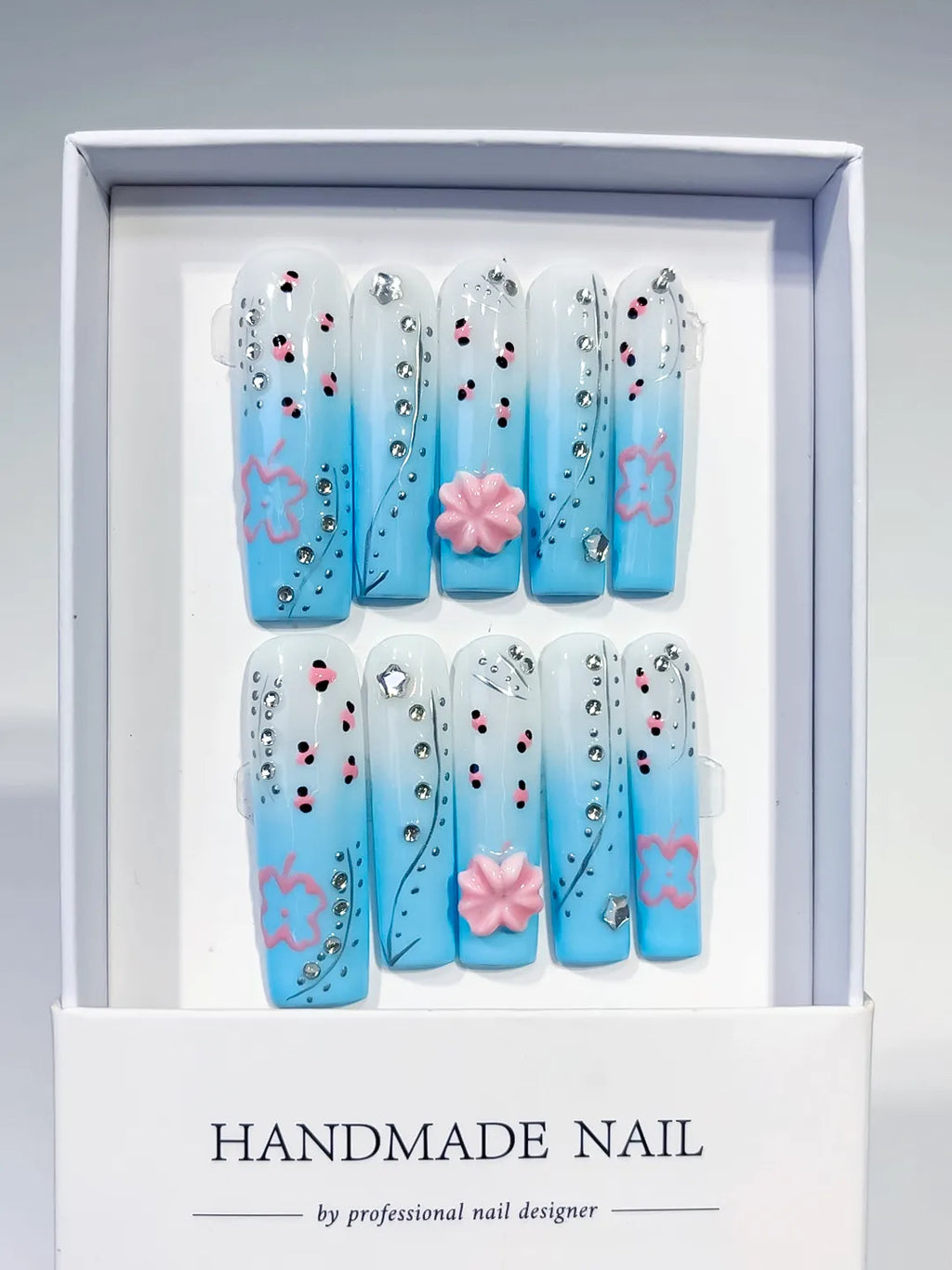 Blue White Pink Silver Black Ombre Flower Rhinestone press on nails full set view
