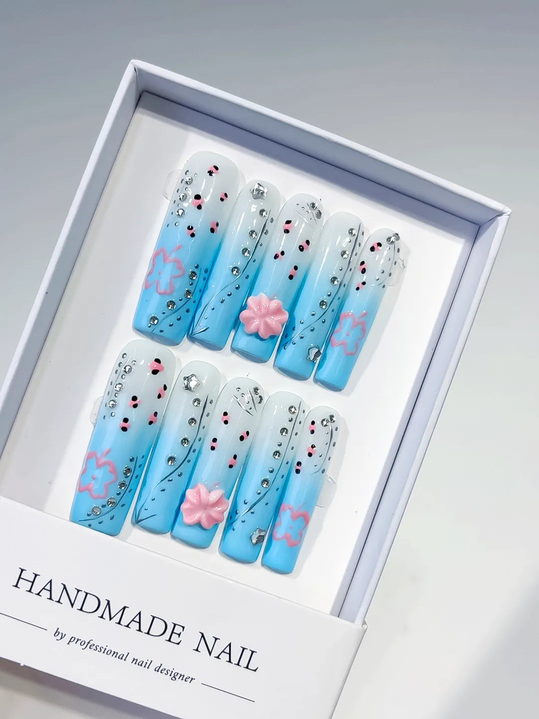 Blue White Pink Silver Black Ombre Flower Rhinestone press on nails