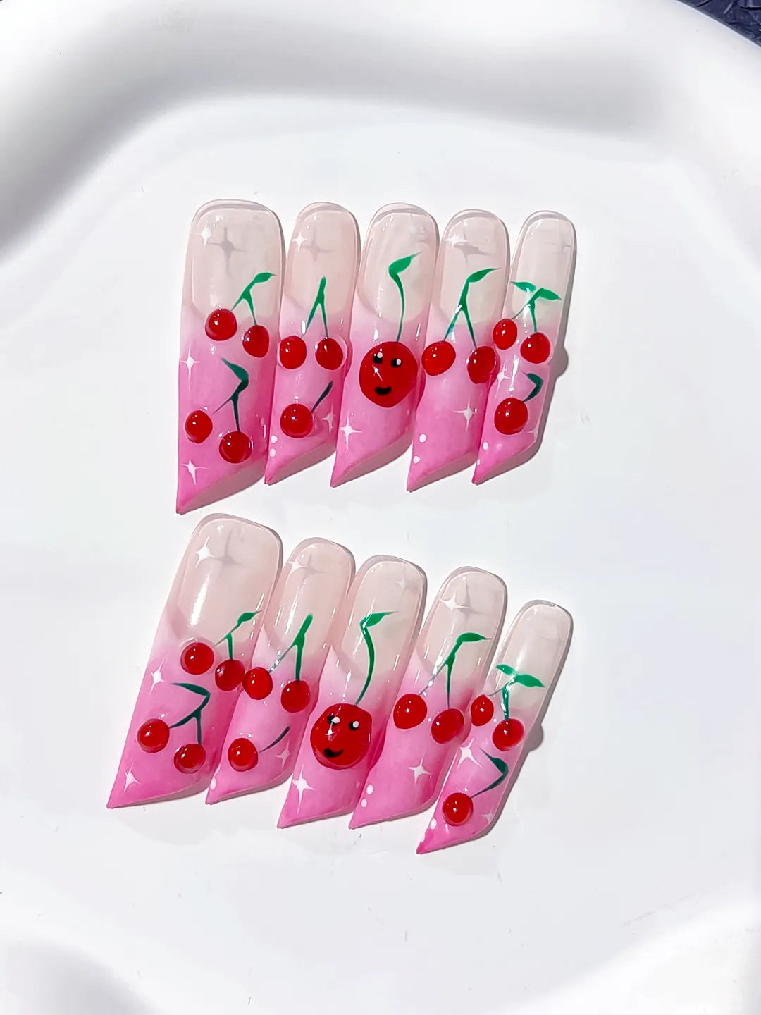 Pink Red Green Floral Cherry Face press on nails close up