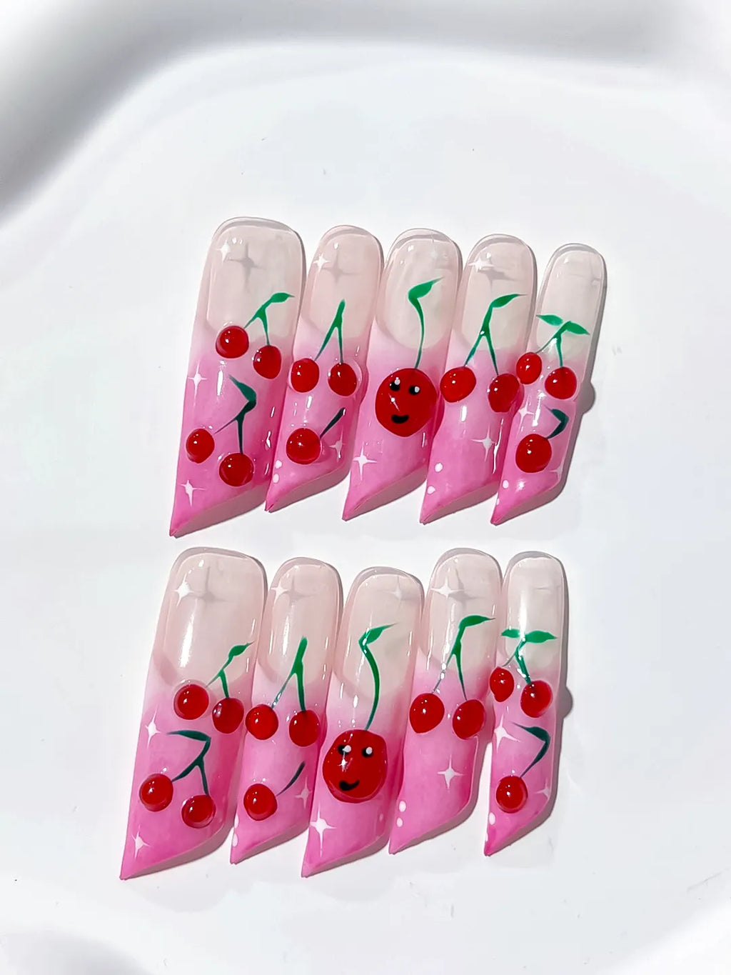 Pink Red Green Floral Cherry Face press on nails detail view