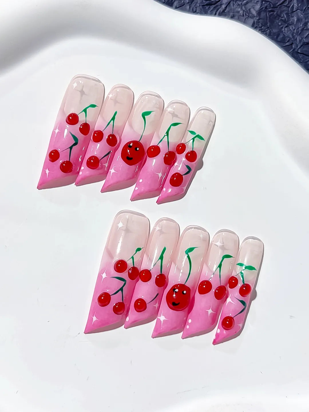 Pink Red Green Floral Cherry Face press on nails detail view
