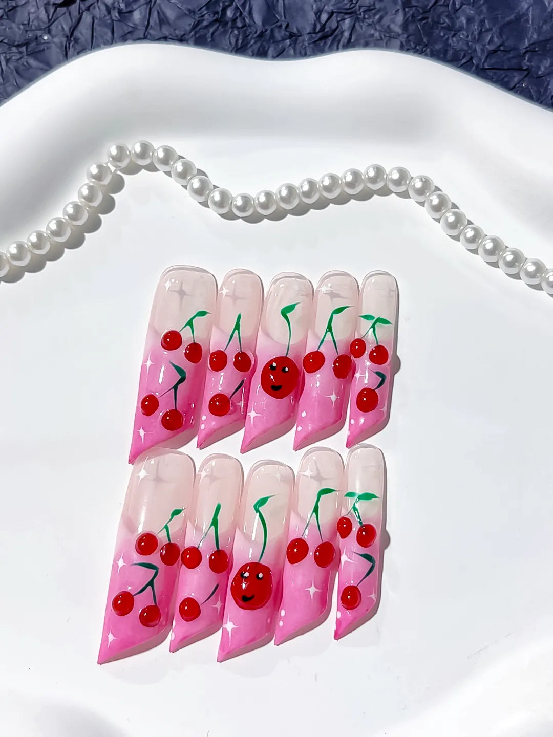 Pink Red Green Floral Cherry Face press on nails detail view