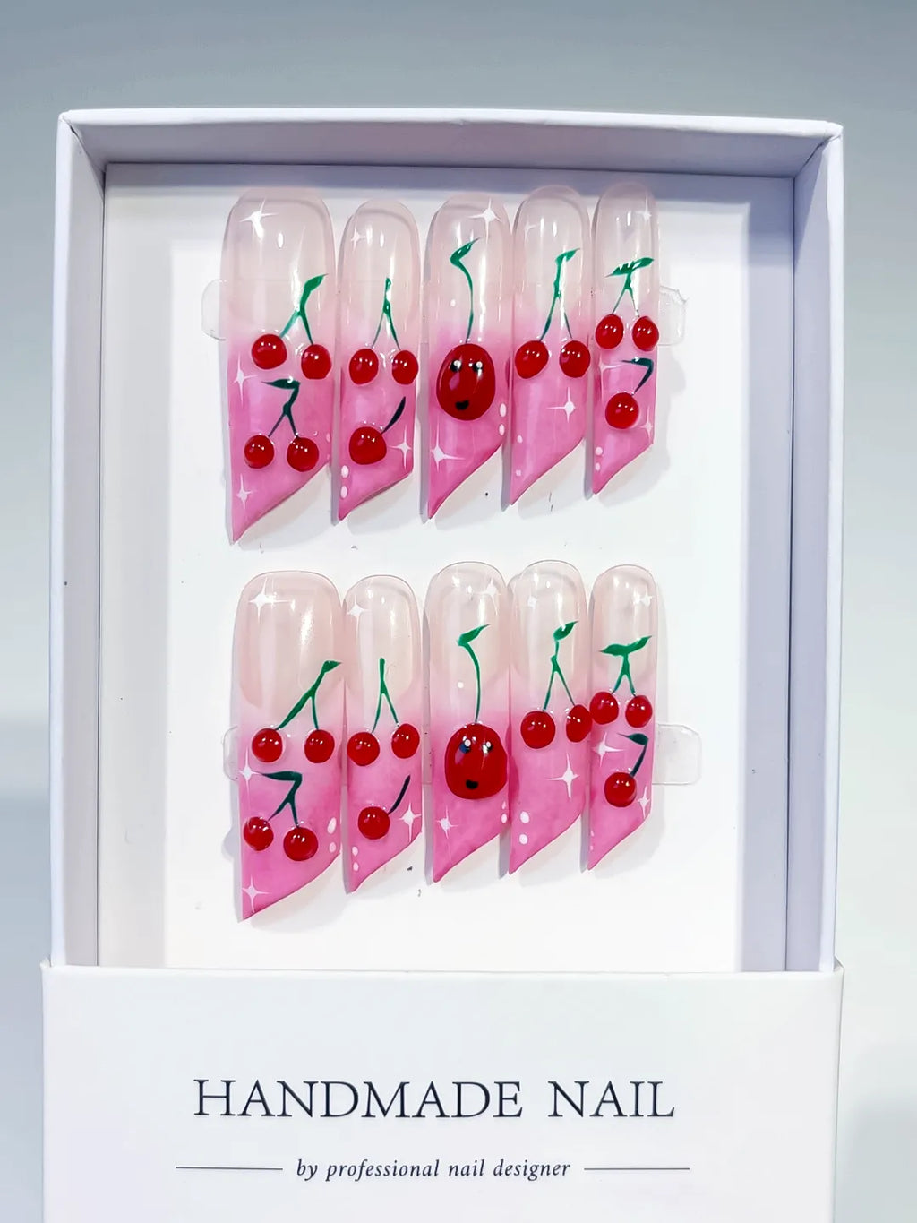 Pink Red Green Floral Cherry Face press on nails full set view