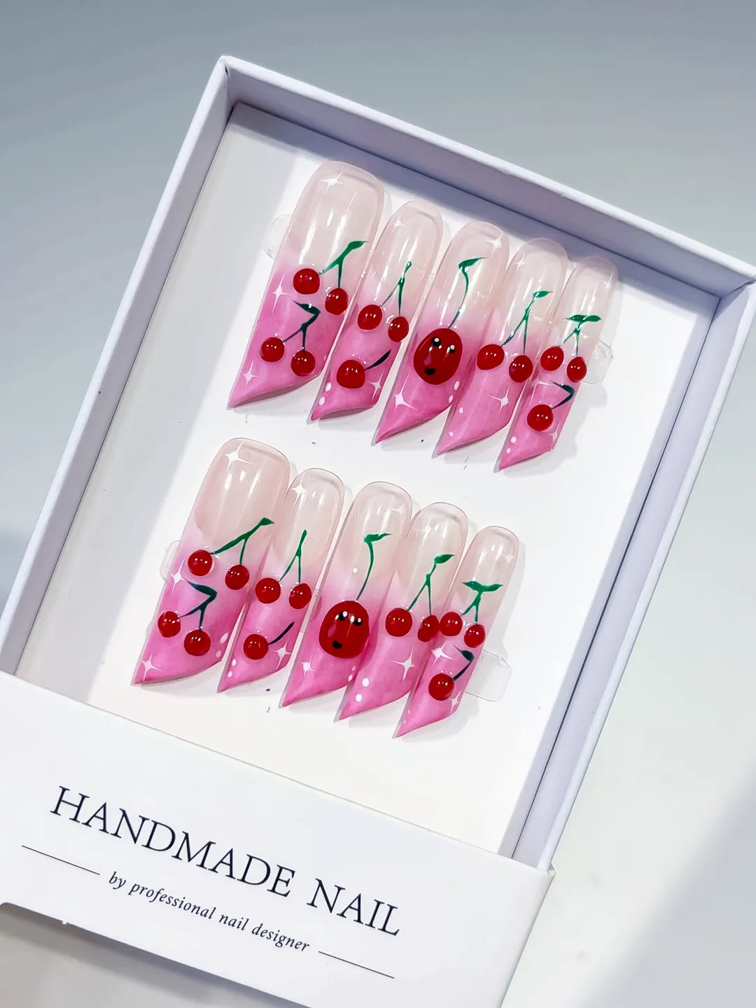 Pink Red Green Floral Cherry Face press on nails