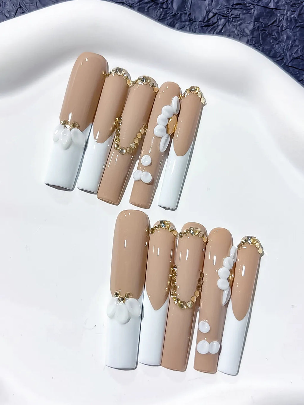 Nude White Gold French tip Flower Pearl Rhinestone Gold Bead press on nails close up