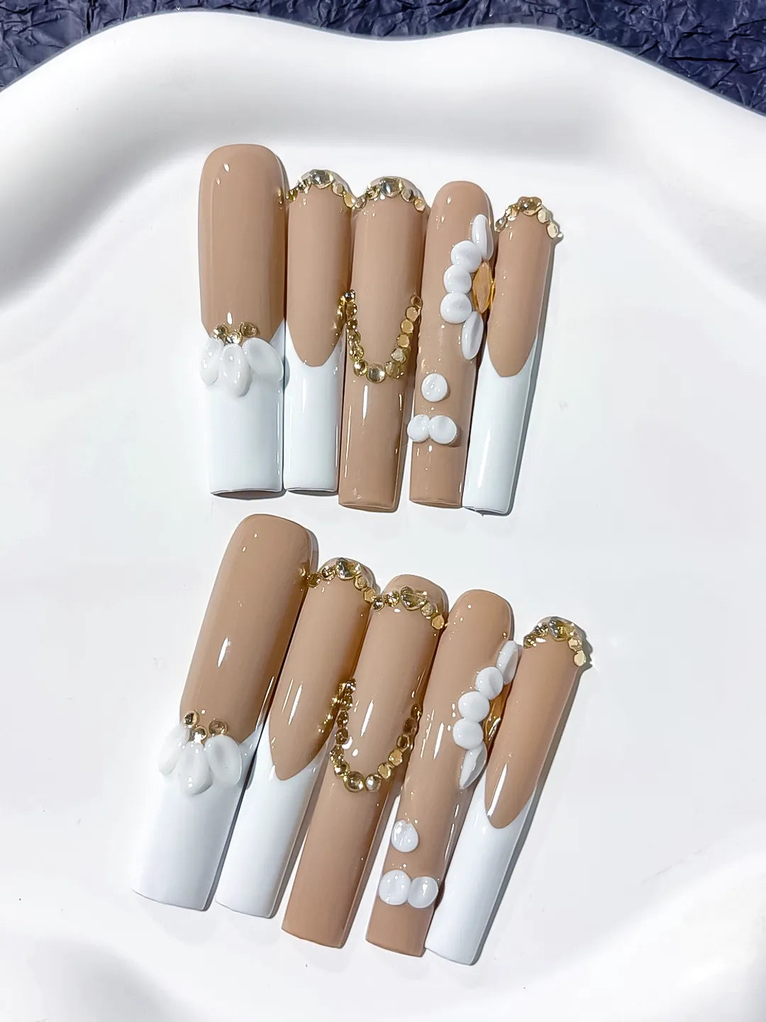 Nude White Gold French tip Flower Pearl Rhinestone Gold Bead press on nails detail view
