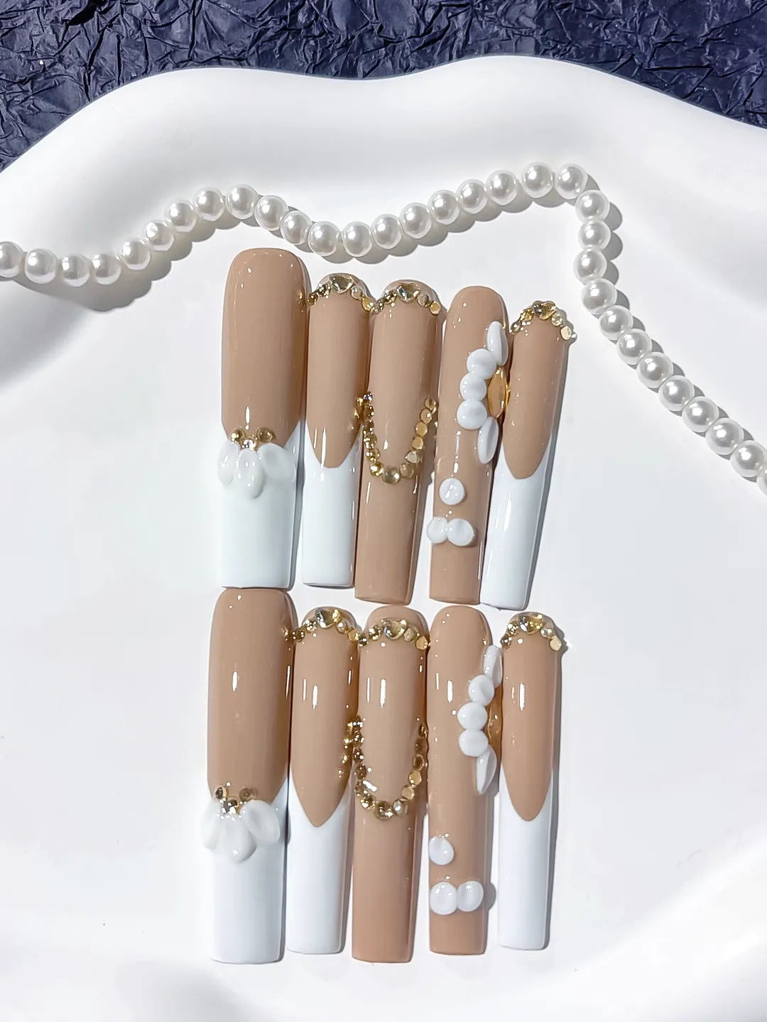 Nude White Gold French tip Flower Pearl Rhinestone Gold Bead press on nails detail view