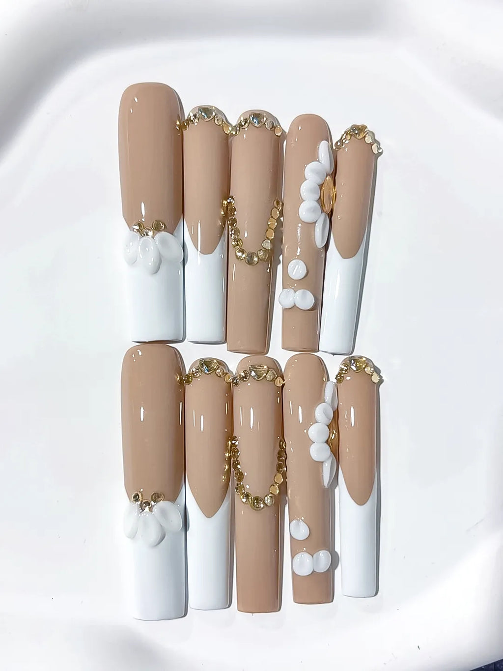 Nude White Gold French tip Flower Pearl Rhinestone Gold Bead press on nails detail view