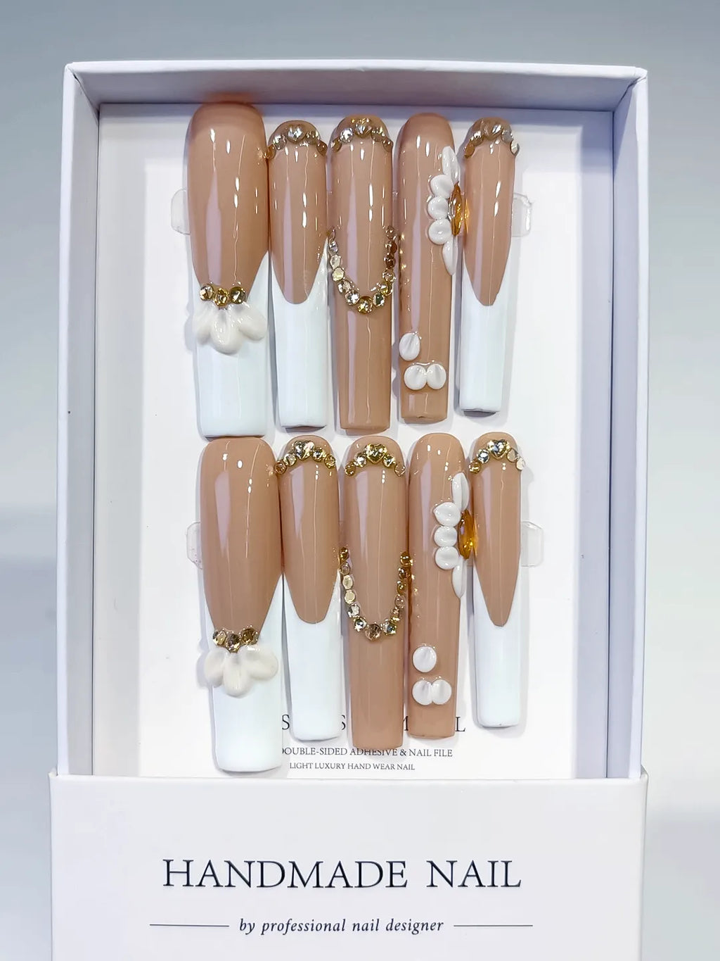 Nude White Gold French tip Flower Pearl Rhinestone Gold Bead press on nails full set view