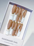 Nude White Gold French tip Flower Pearl Rhinestone Gold Bead press on nails