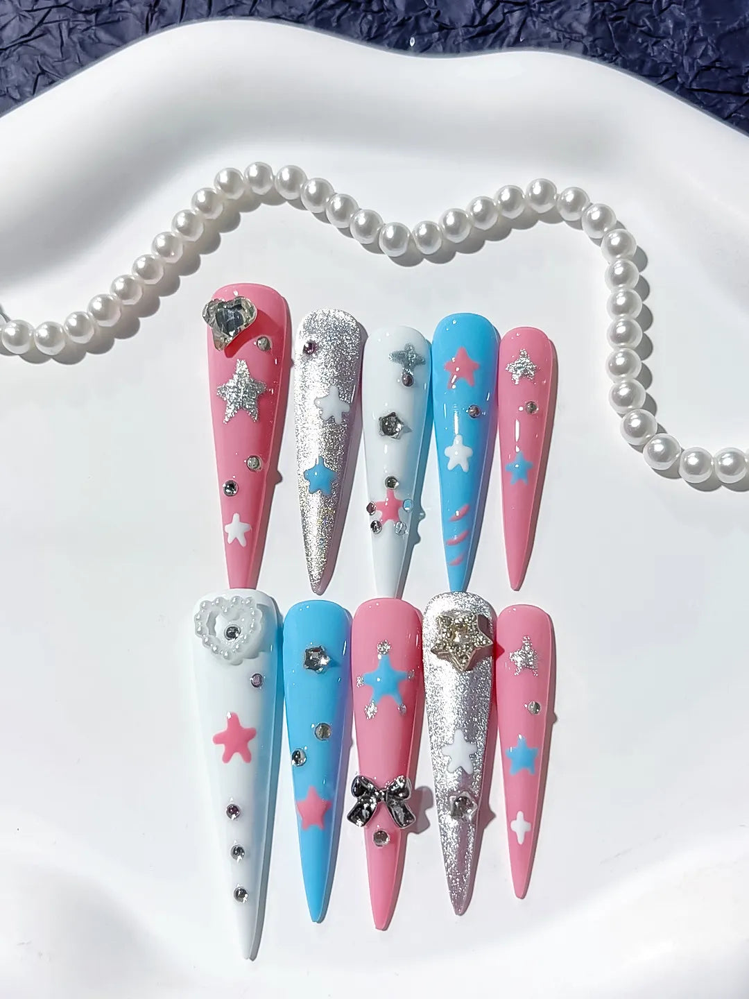 Pink Blue White Silver Abstract Star Bow Heart Rhinestone Glitter press on nails close up