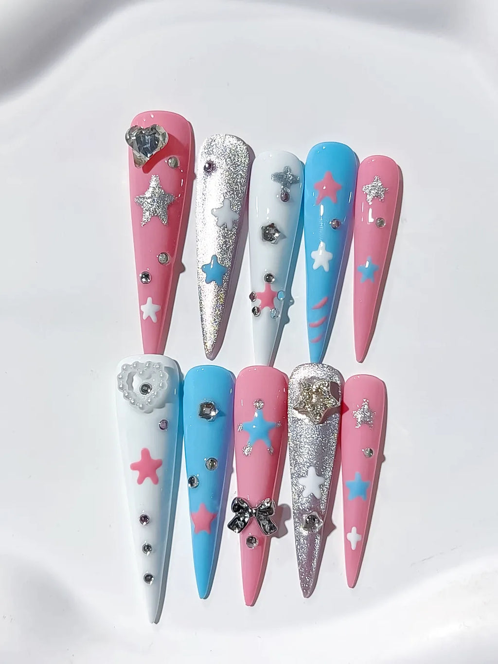 Pink Blue White Silver Abstract Star Bow Heart Rhinestone Glitter press on nails detail view