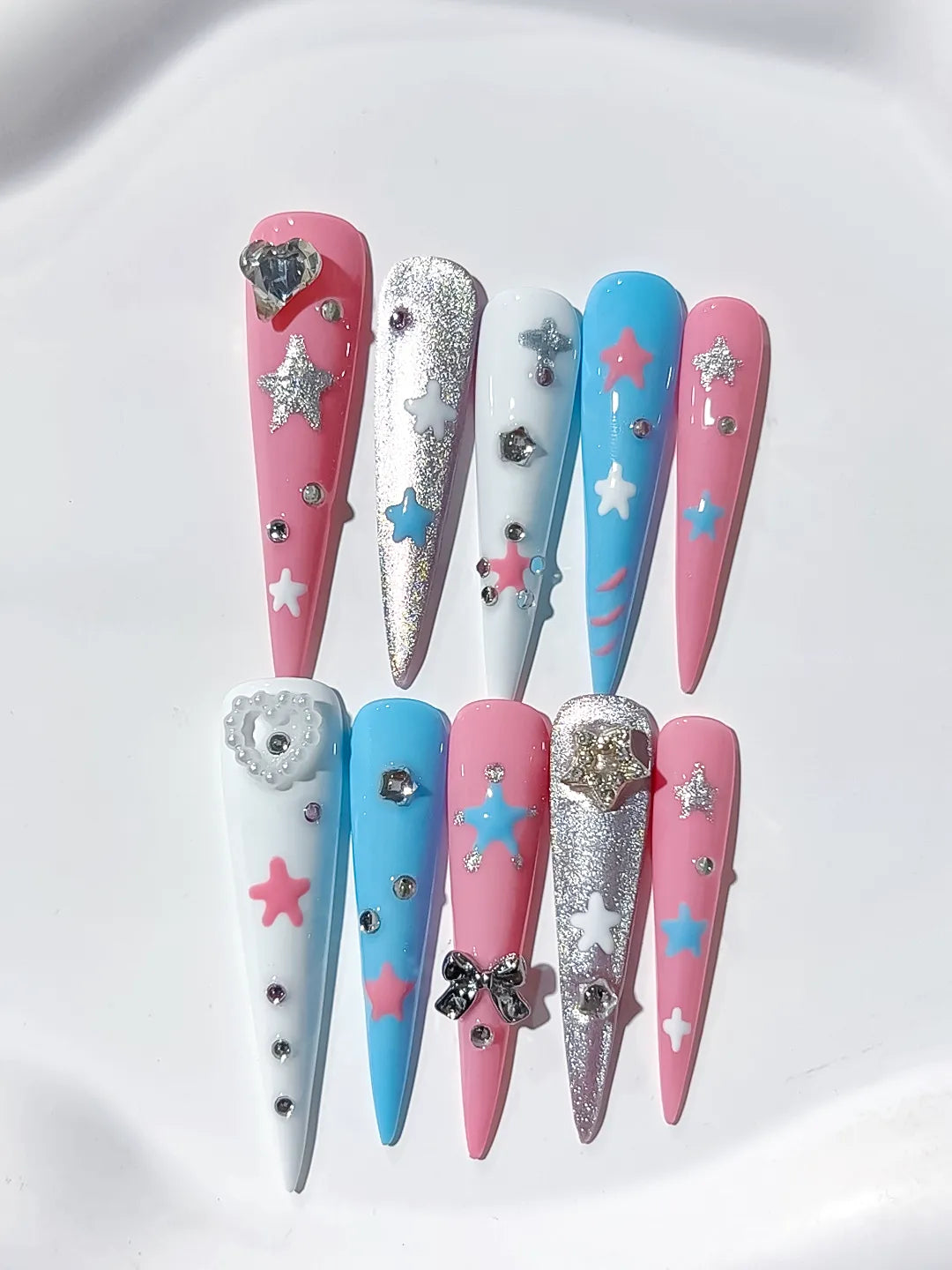 Pink Blue White Silver Abstract Star Bow Heart Rhinestone Glitter press on nails detail view