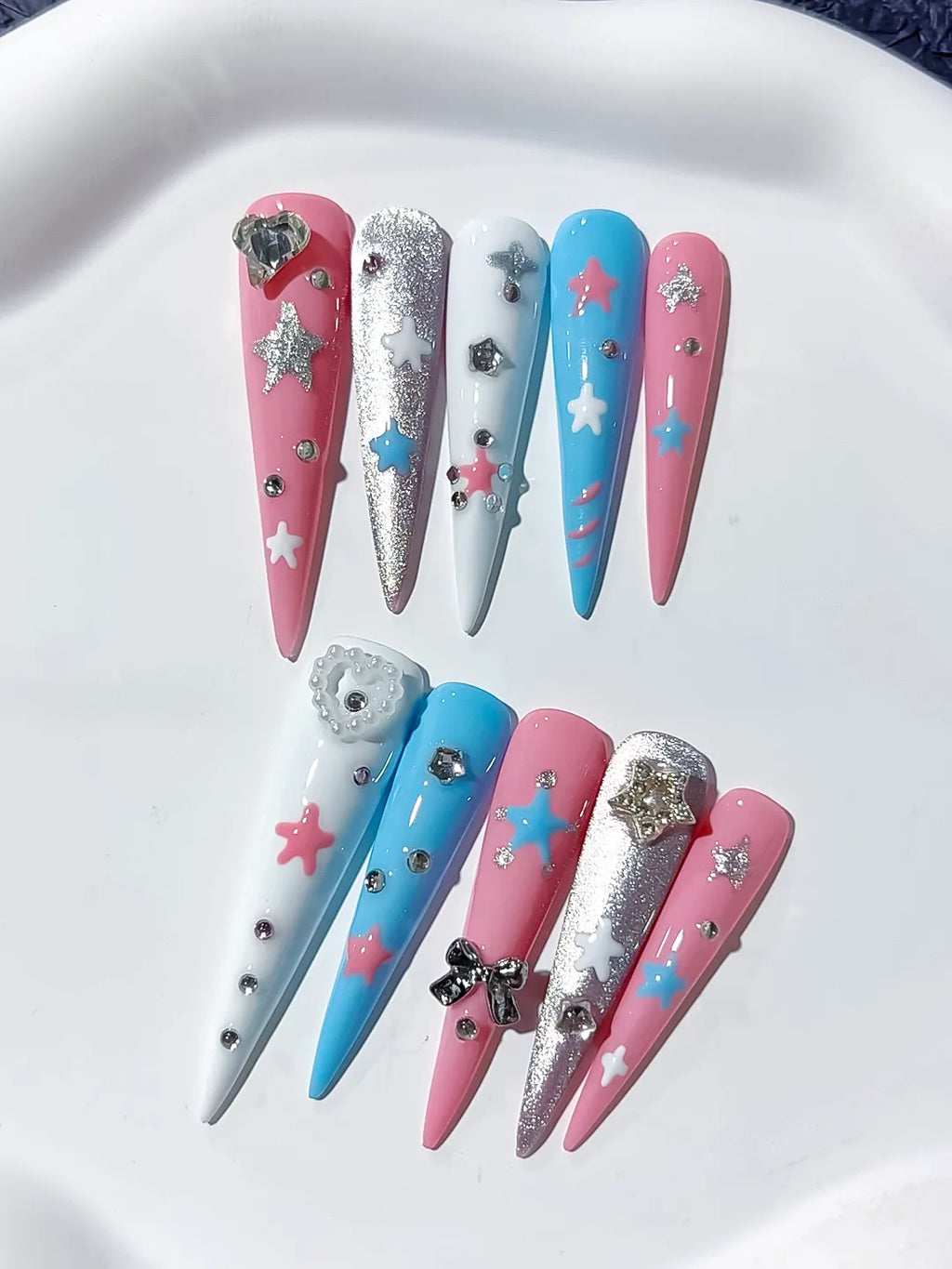 Pink Blue White Silver Abstract Star Bow Heart Rhinestone Glitter press on nails detail view