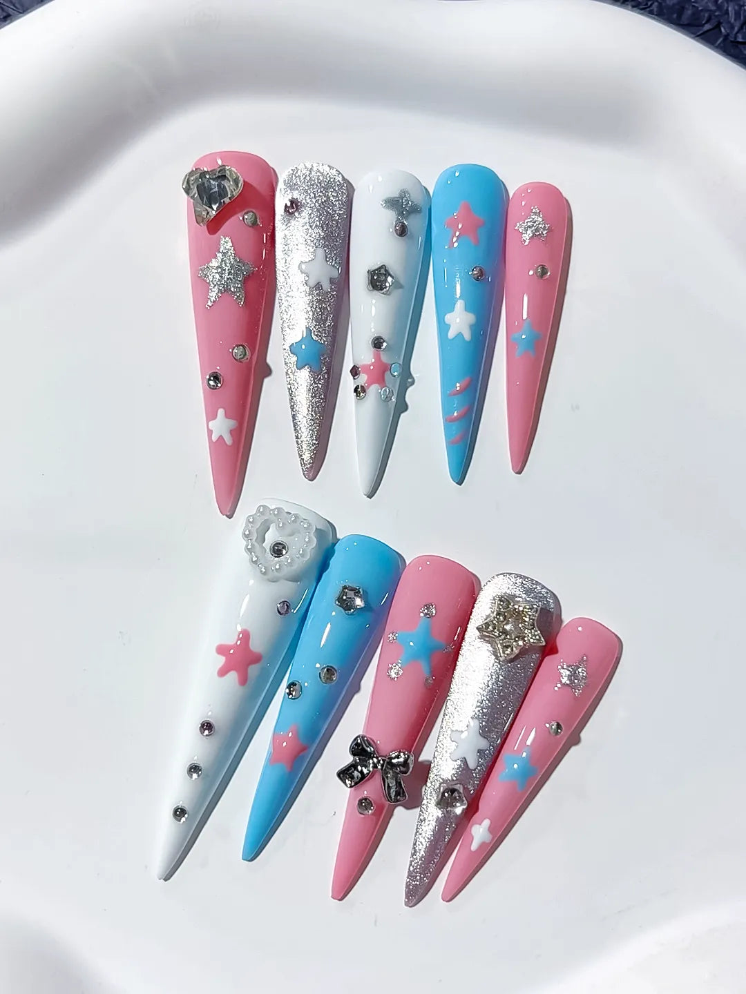 Pink Blue White Silver Abstract Star Bow Heart Rhinestone Glitter press on nails detail view