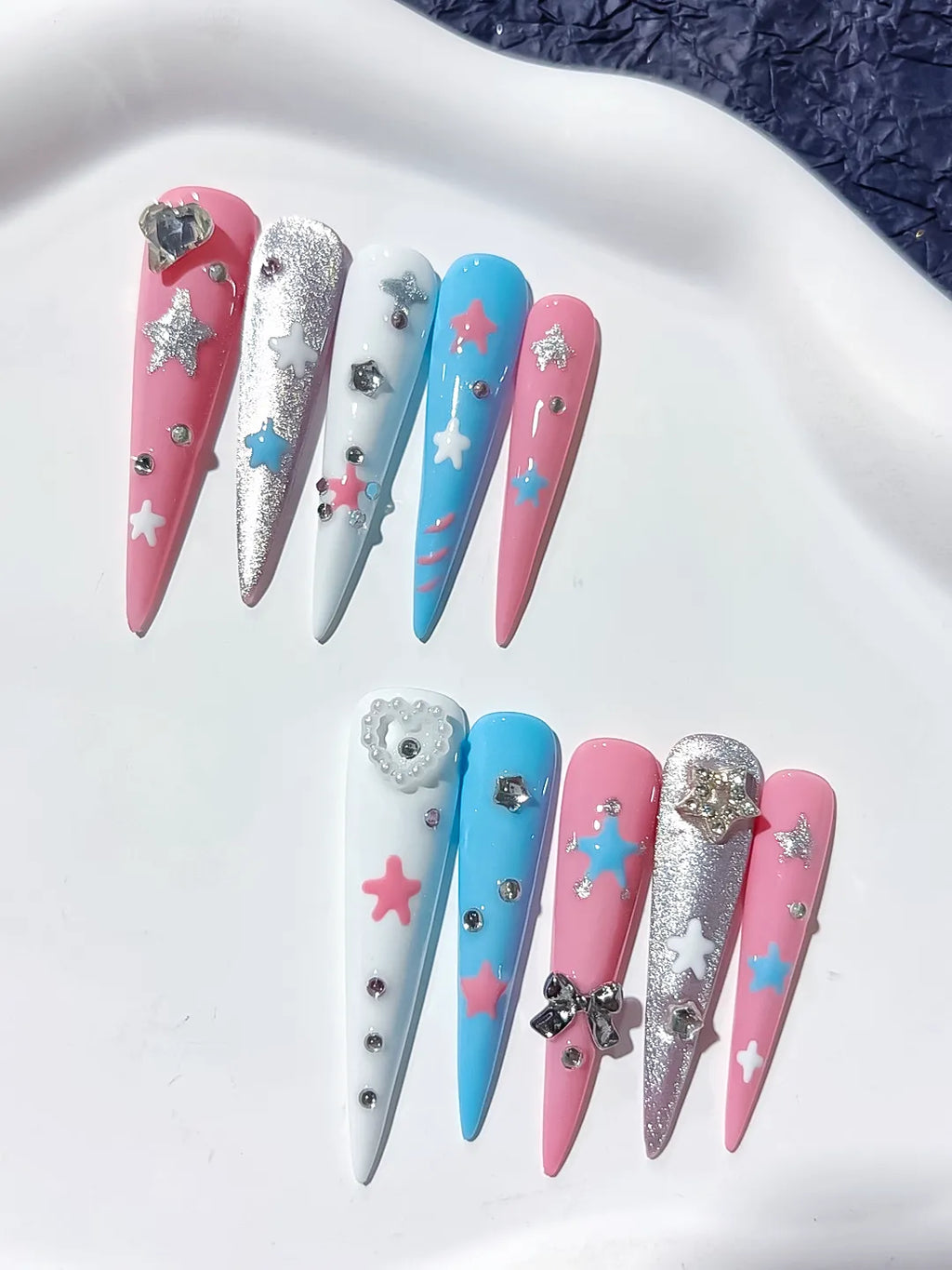 Pink Blue White Silver Abstract Star Bow Heart Rhinestone Glitter press on nails detail view