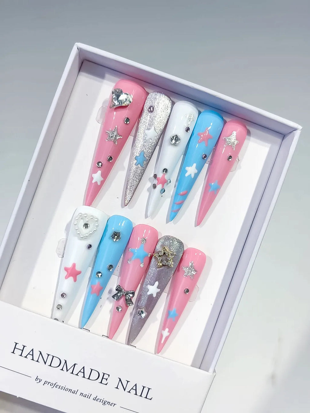 Pink Blue White Silver Abstract Star Bow Heart Rhinestone Glitter press on nails