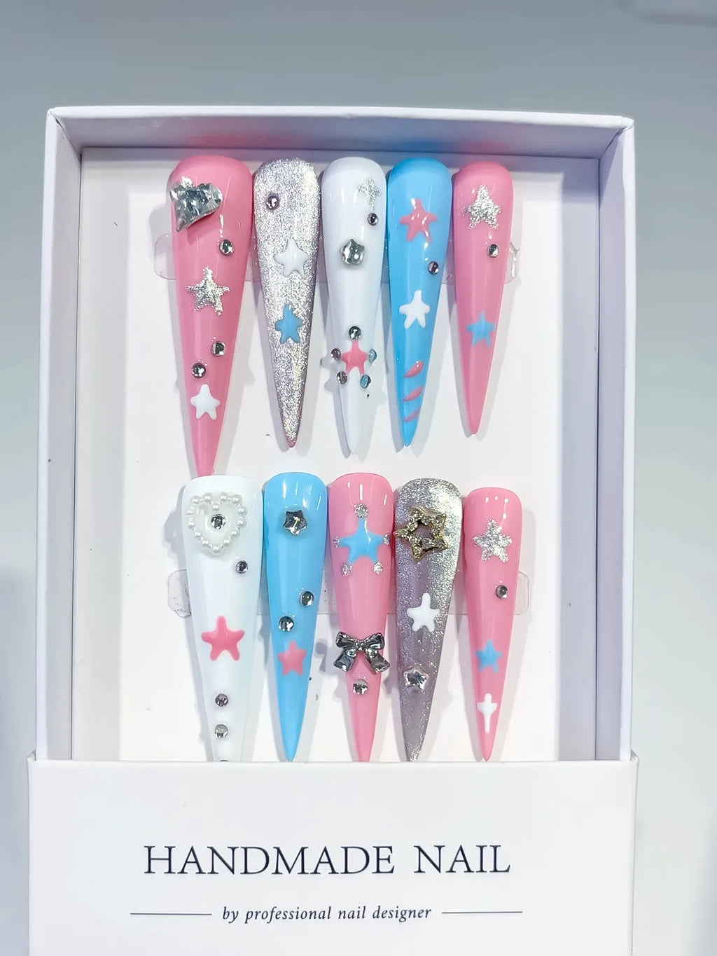 Pink Blue White Silver Abstract Star Bow Heart Rhinestone Glitter press on nails full set view
