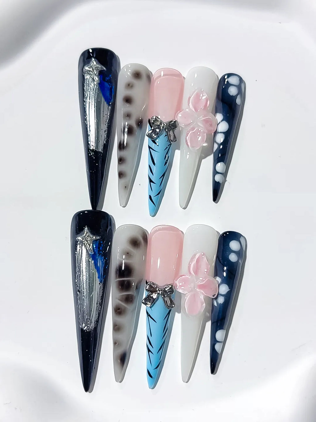 Black White Blue Silver Nude Abstract Bow Star Animal Print Glitter press on nails close up