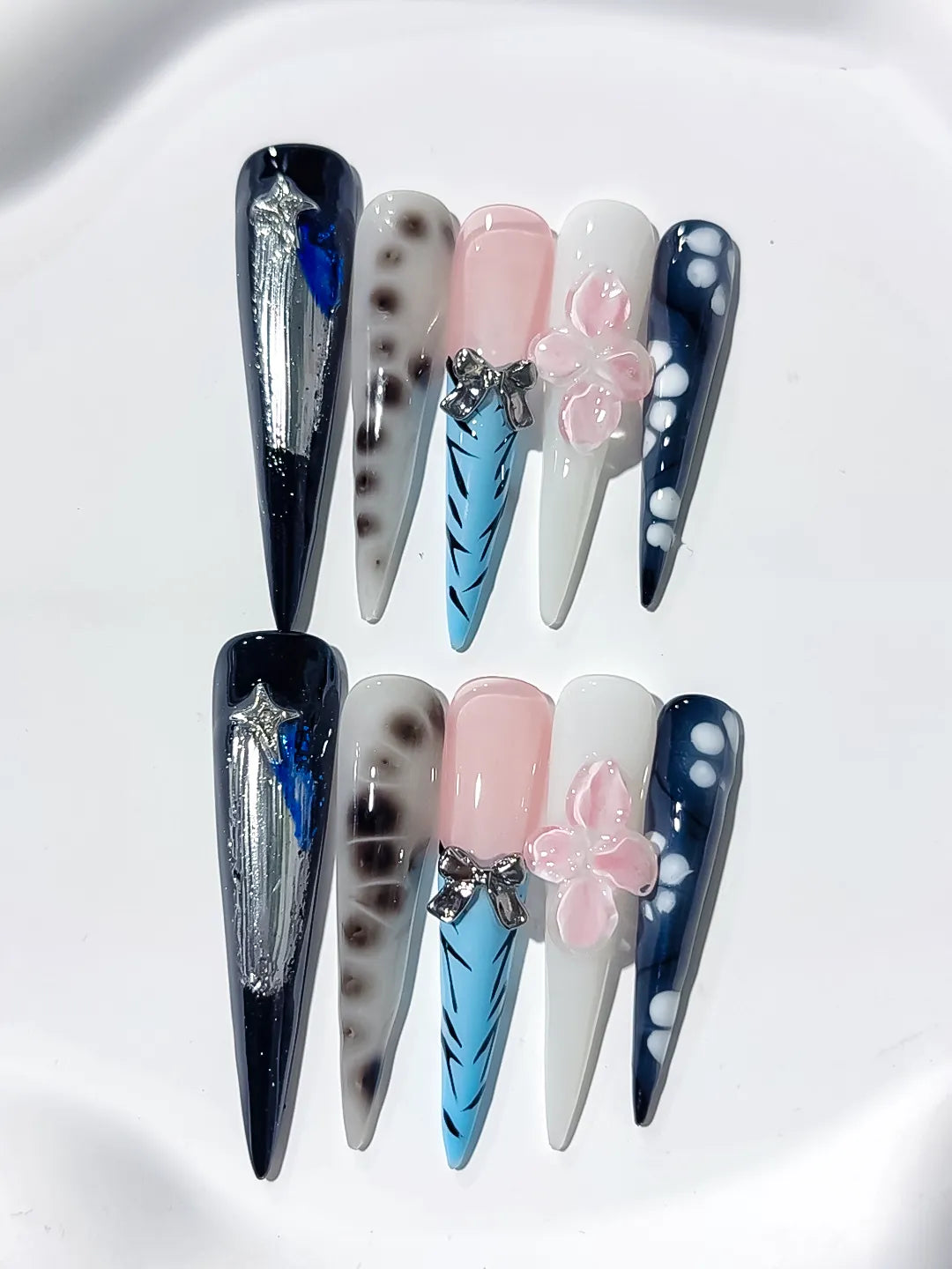 Black White Blue Silver Nude Abstract Bow Star Animal Print Glitter press on nails close up