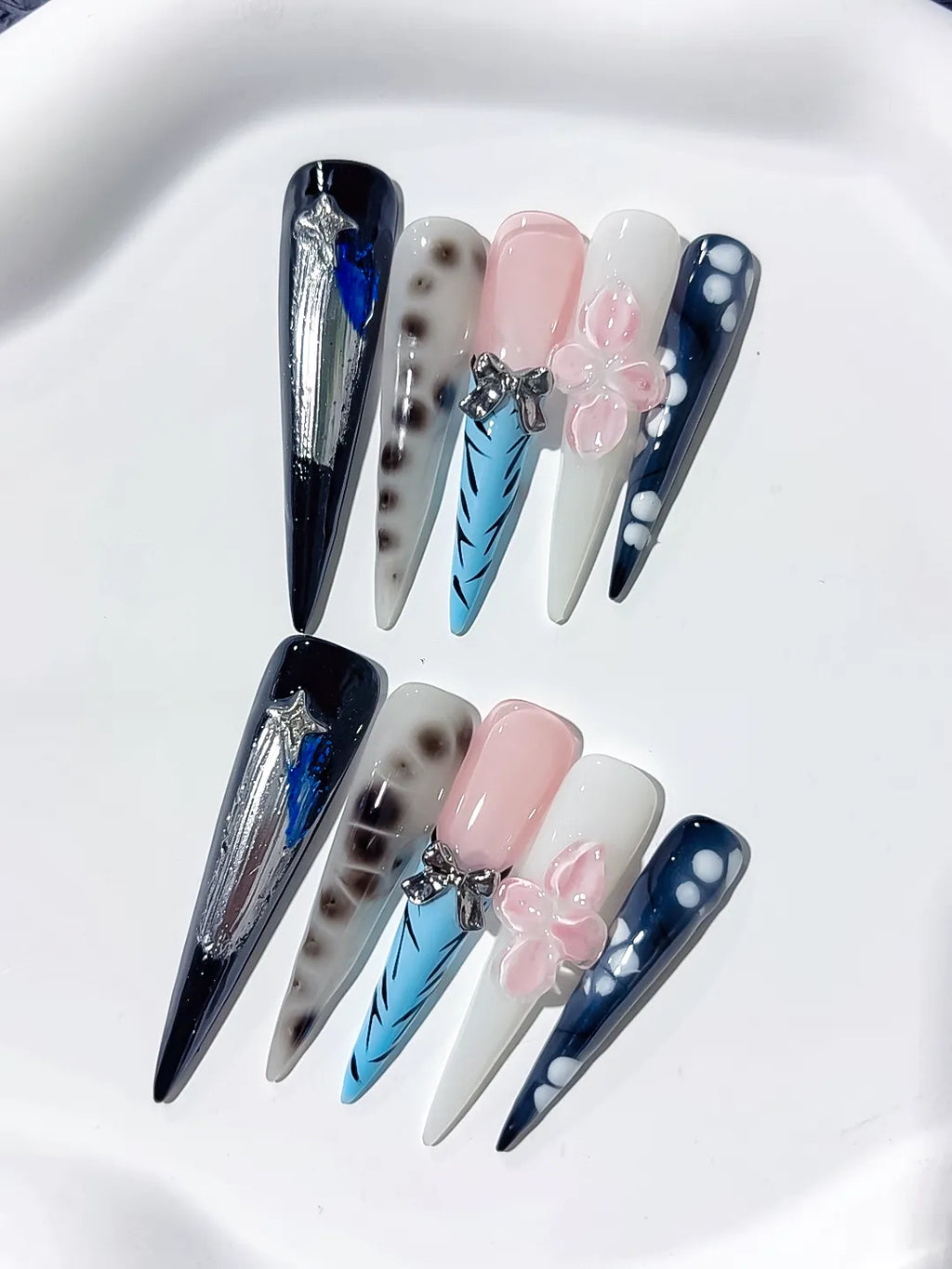 Black White Blue Silver Nude Abstract Bow Star Animal Print Glitter press on nails detail view