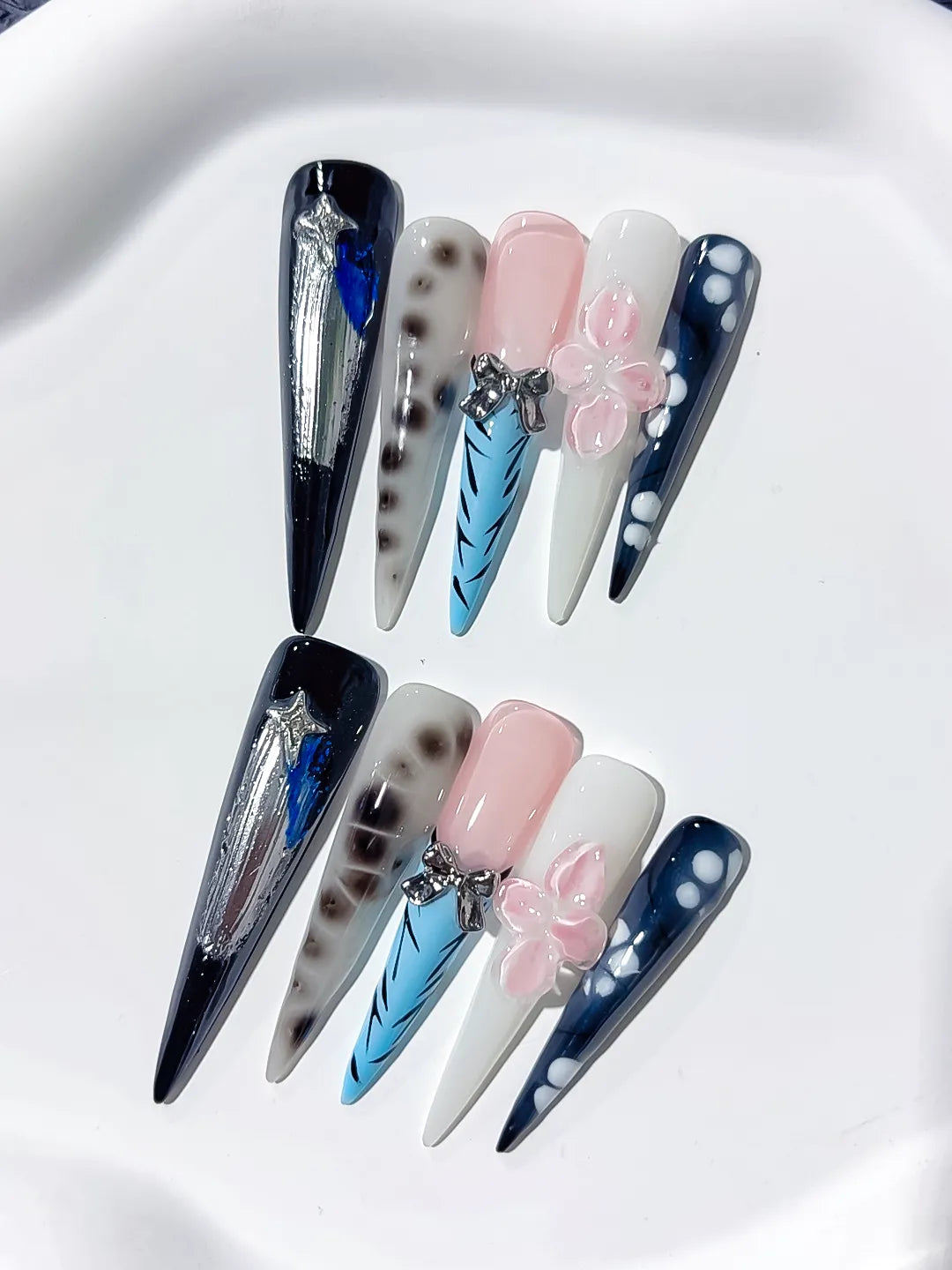 Black White Blue Silver Nude Abstract Bow Star Animal Print Glitter press on nails detail view