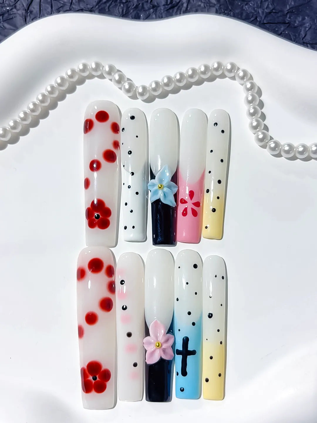 White Red Black Pink Blue Yellow Abstract Flower Cross Dot 3D press on nails close up