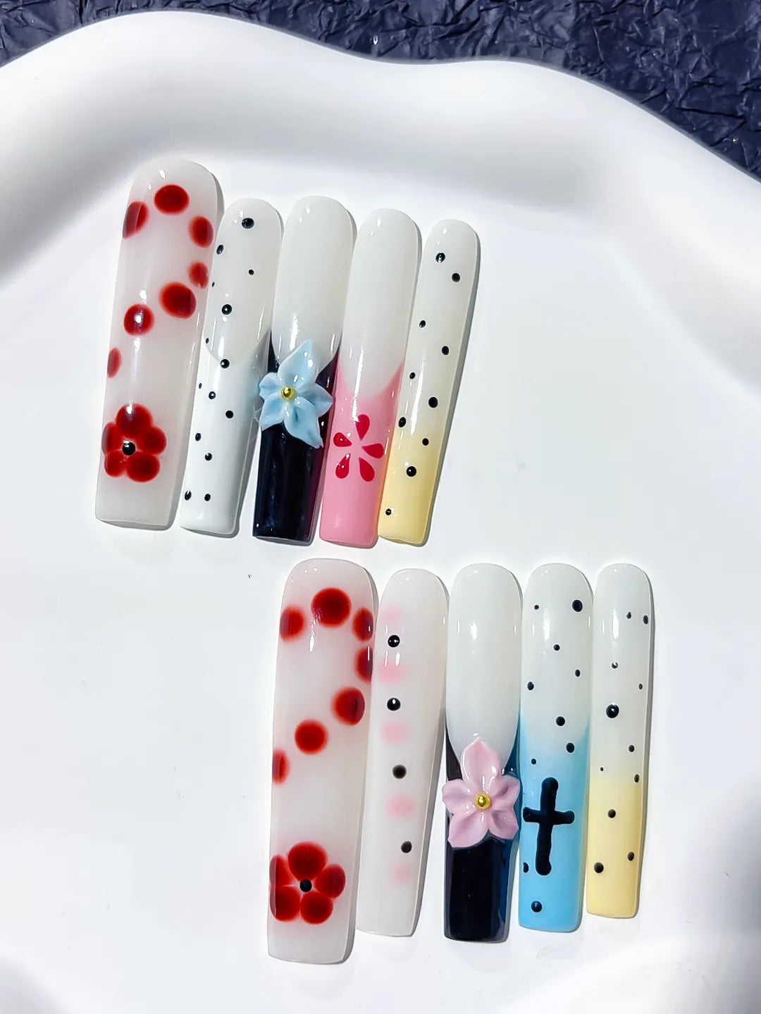 White Red Black Pink Blue Yellow Abstract Flower Cross Dot 3D press on nails detail view